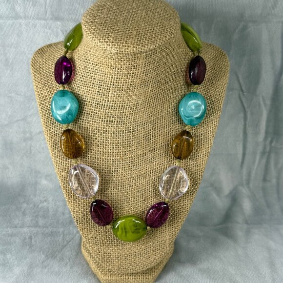 Colorful Chunky Beaded Necklace Multicolor Resin Beads & Adjustable Chain Length - Picture 2 of 16